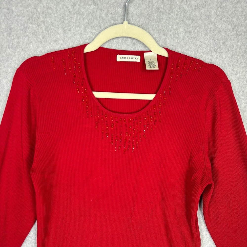 Vintage Laura Ashley‎ Embellished Sweater Small Beaded Ribbed Feminine Holiday